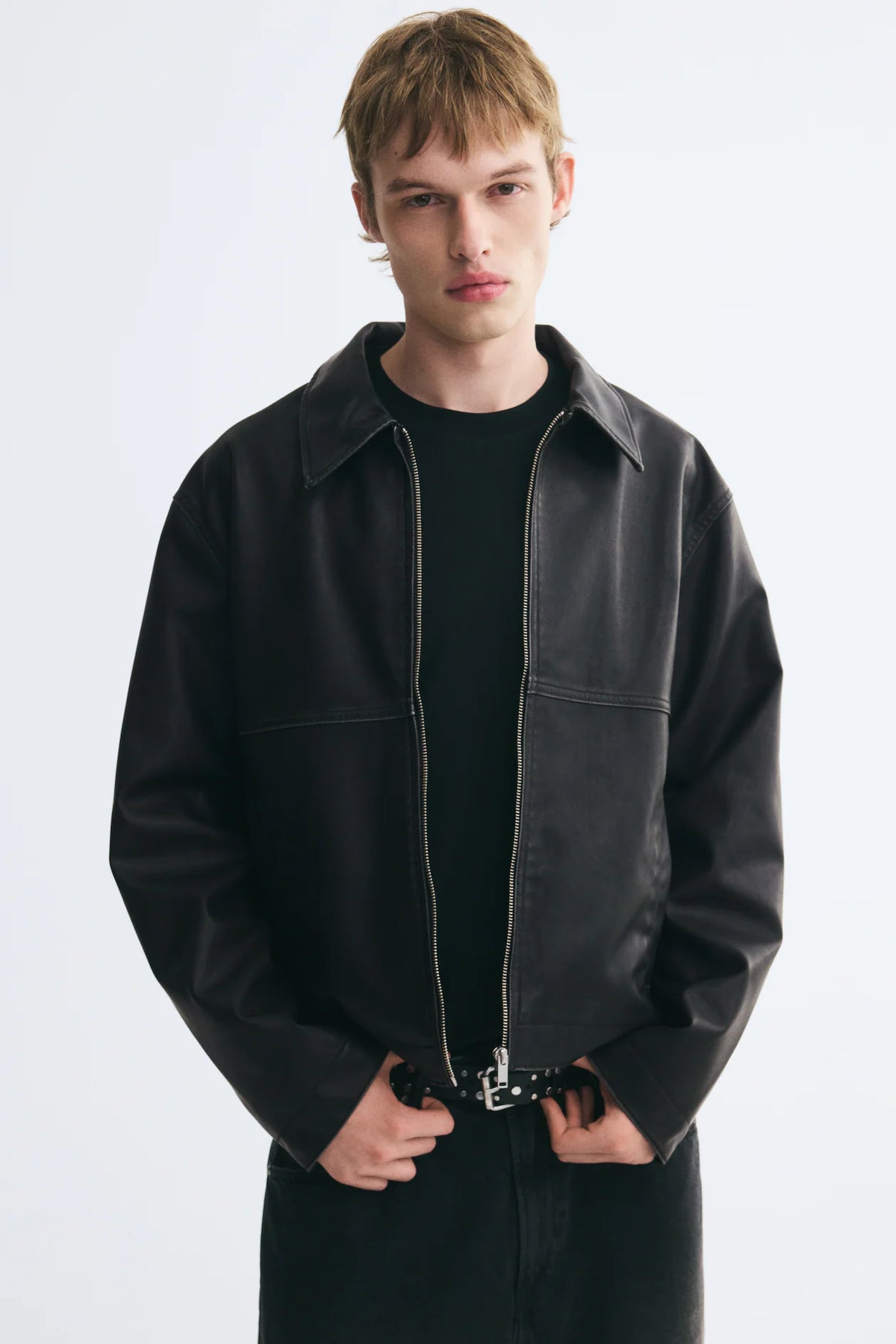 Black leather zip jacket - side view