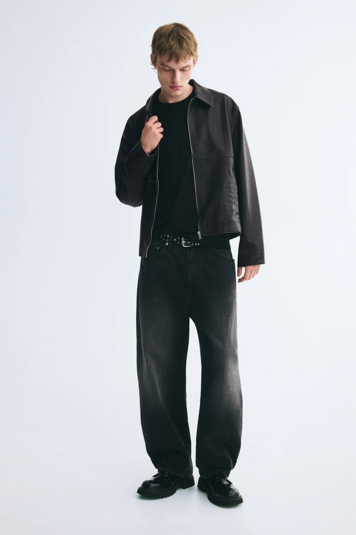 Black leather zip jacket - front full body view