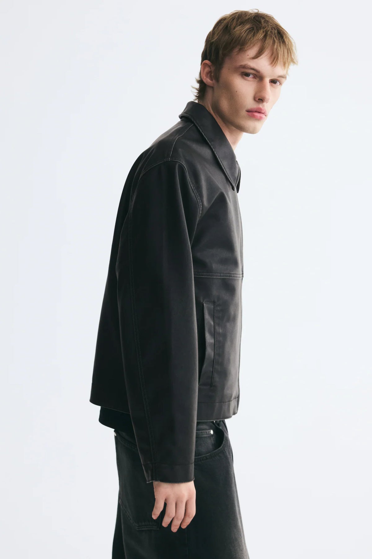 Black leather zip jacket - flat lay front