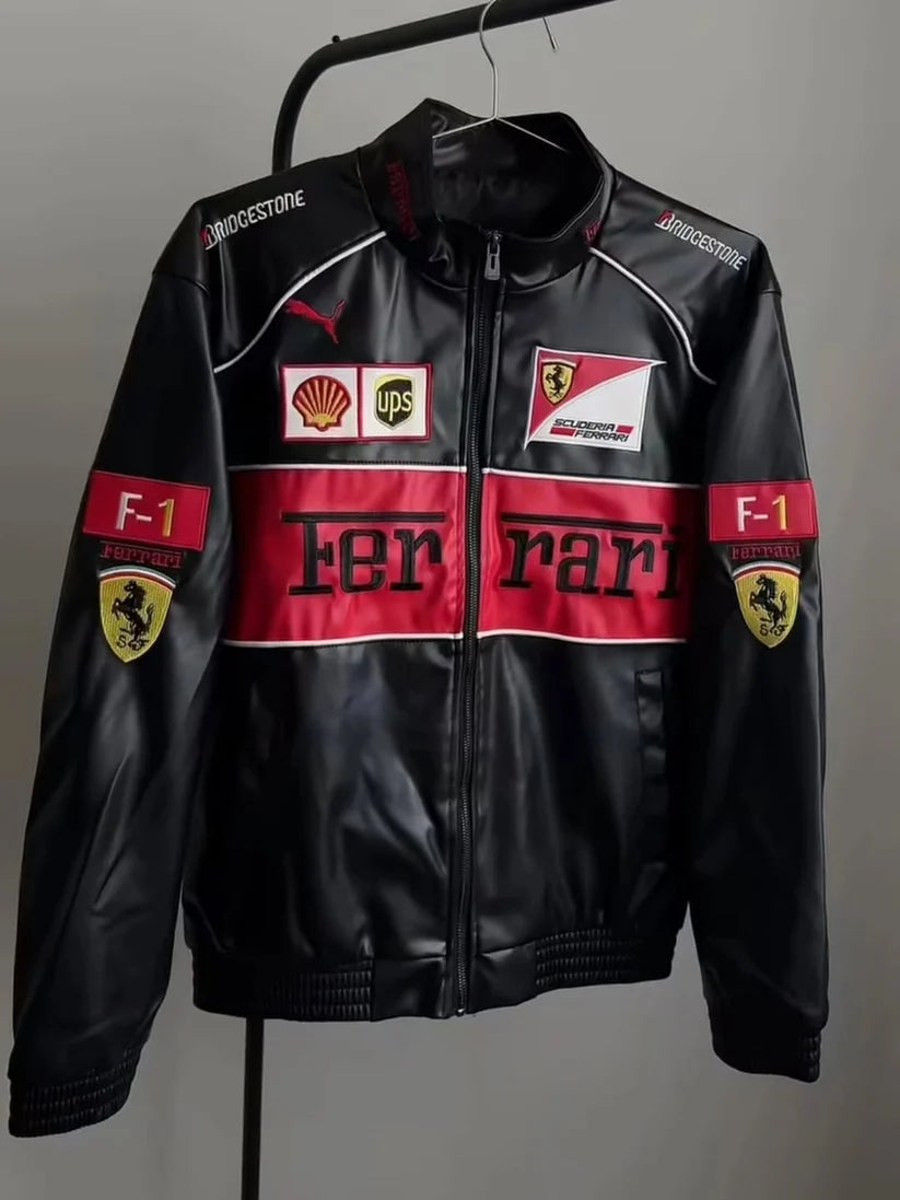 Scuderia Ferrari F1 Black Racing Jacket front on hanger