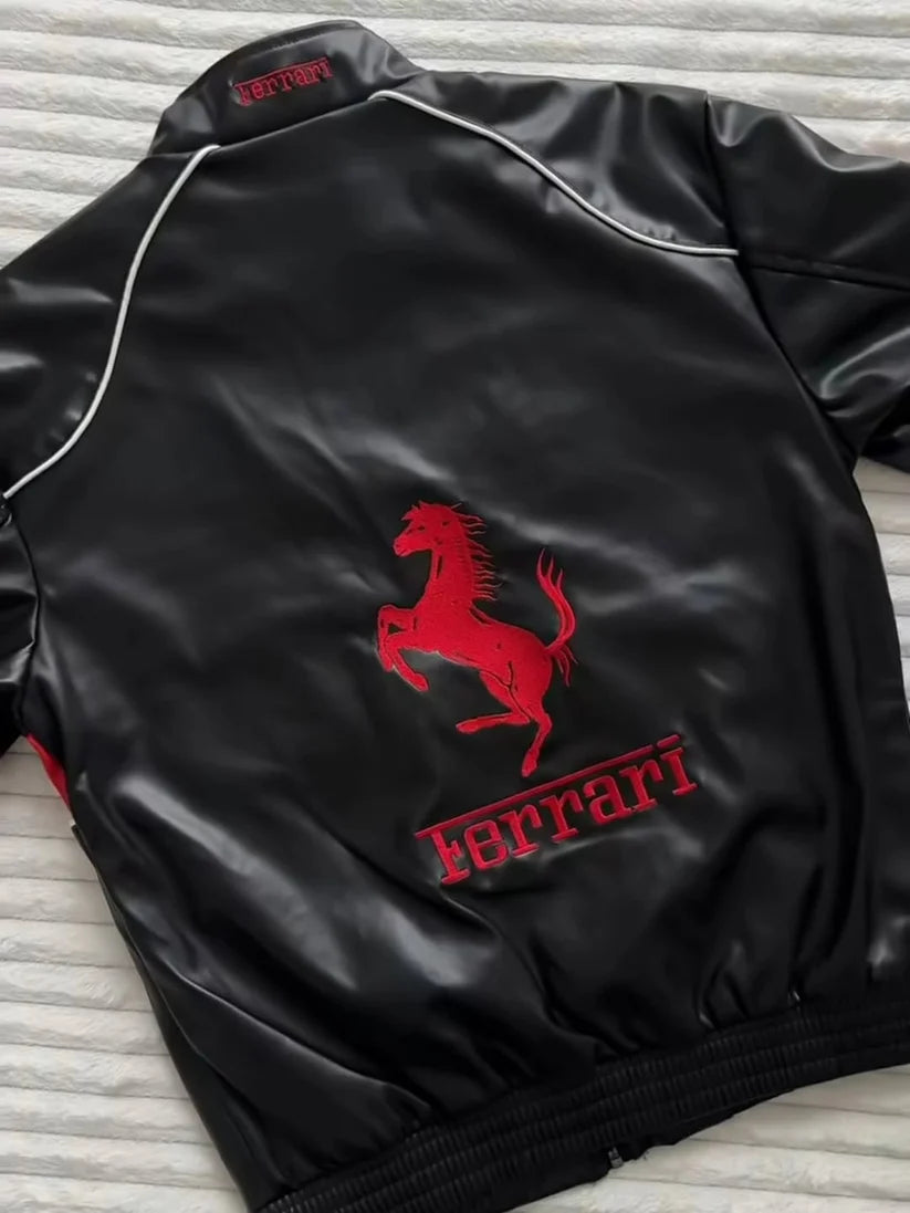 Ferrari F1 jacket back showing large red Prancing Horse embroidery