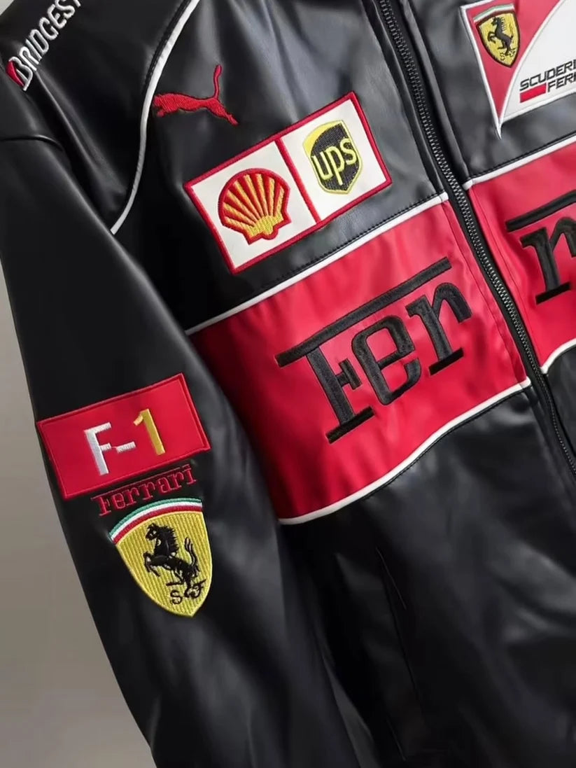 Ferrari F1 jacket worn by female model streetwear style