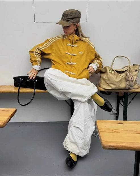CNY Mustard Yellow Jacket - seated street style